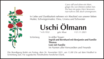 Traueranzeige von Uschi Ölmann von Pegnitz-Zeitung