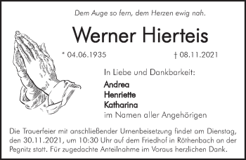 Traueranzeige von Werner Hierteis von Pegnitz-Zeitung
