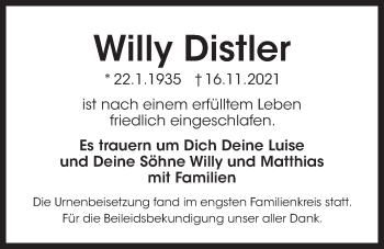 Traueranzeige von Willy Distler von Der Bote