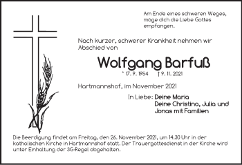 Traueranzeige von Wolfgang Barfuß von Hersbrucker Zeitung