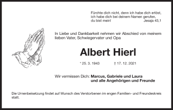 Traueranzeige von Albert Hierl von Der Bote
