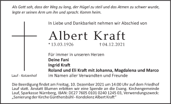 Traueranzeige von Albert Kraft von Pegnitz-Zeitung