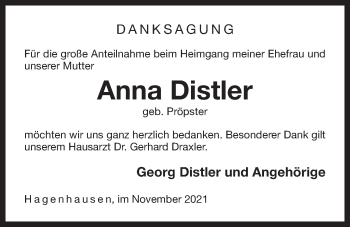 Traueranzeige von Anna Distler von Der Bote