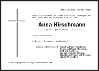Traueranzeige von Anna Hirschmann von Der Bote