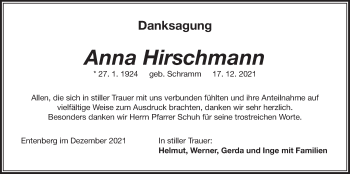 Traueranzeige von Anna Hirschmann von Der Bote