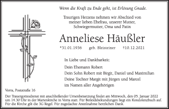 Traueranzeige von Anneliese Häußler von Hersbrucker Zeitung