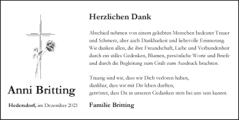Traueranzeige von Anni Britting von Pegnitz-Zeitung