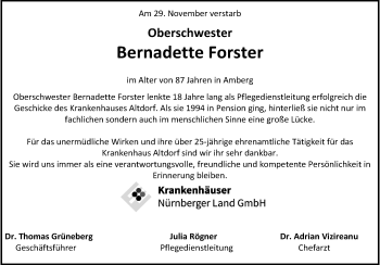 Traueranzeige von Bernadette Forster von Der Bote