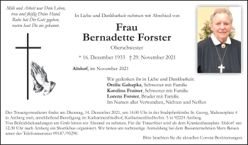 Traueranzeige von Bernadette Forster von Der Bote