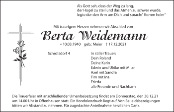 Traueranzeige von Berta Weidemann von Hersbrucker Zeitung