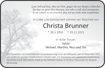 Traueranzeige von Christa Brunner von Pegnitz-Zeitung