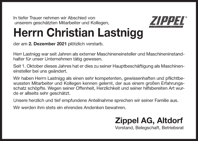  Traueranzeige für Christian Lastnigg vom 24.12.2021 aus Der Bote
