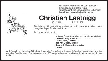 Traueranzeige von Christian Lastnigg von Der Bote