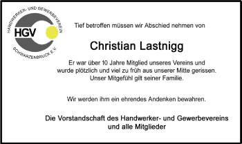 Traueranzeige von Christian Lastnigg von Der Bote