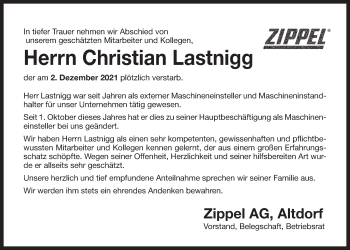 Traueranzeige von Christian Lastnigg von Der Bote