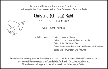 Traueranzeige von Christine Rabl von Der Bote