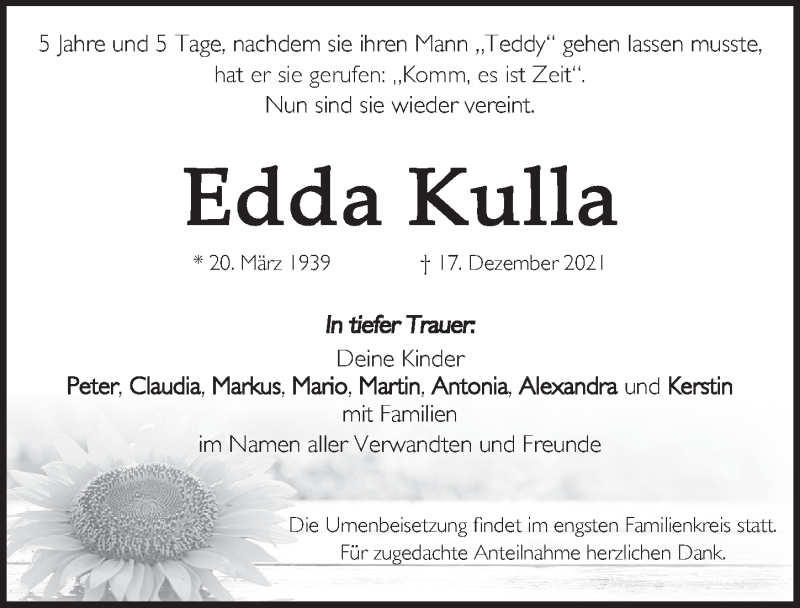  Traueranzeige für Edda Kulla vom 23.12.2021 aus Pegnitz-Zeitung
