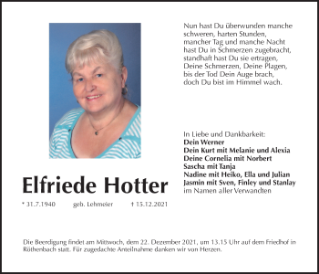 Traueranzeige von Elfriede Hotter von Der Bote