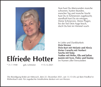 Traueranzeige von Elfriede Hotter von Pegnitz-Zeitung