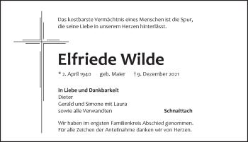 Traueranzeige von Elfriede Wilde von Pegnitz-Zeitung