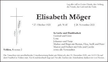 Traueranzeige von Elisabeth Möger von Hersbrucker Zeitung