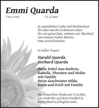 Traueranzeige von Emmi Quarda von Pegnitz-Zeitung