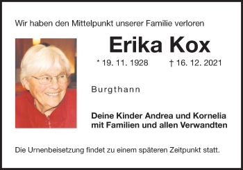 Traueranzeige von Erika Kox von Der Bote