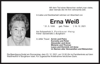 Traueranzeige von Erna Weiß von Der Bote