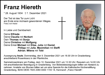 Traueranzeige von Franz Hiereth von Der Bote