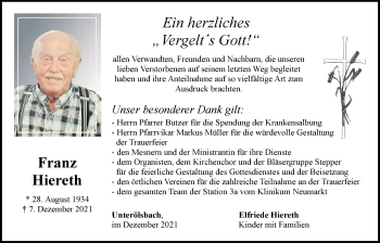 Traueranzeige von Franz HierethEin von Der Bote