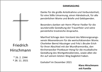 Traueranzeige von Friedrich Hirschmann von Der Bote