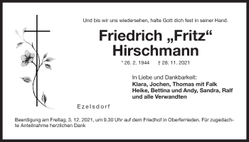 Traueranzeige von Friedrich Hirschmann von Der Bote