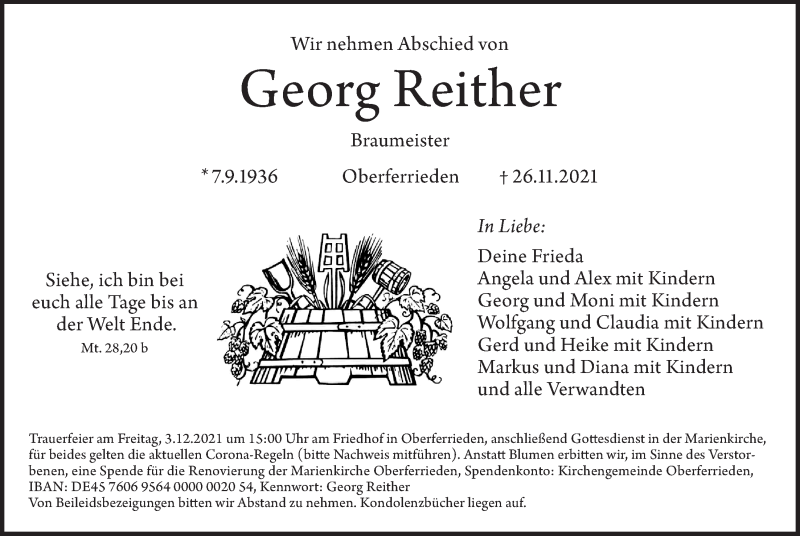  Traueranzeige für Georg Reither vom 01.12.2021 aus Der Bote