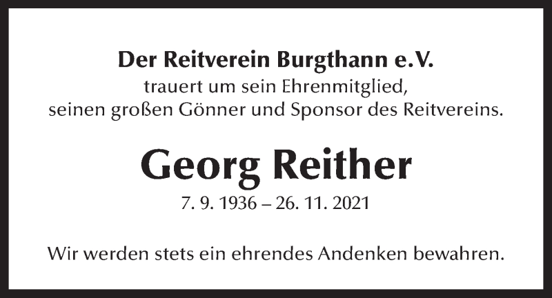  Traueranzeige für Georg Reither vom 08.12.2021 aus Der Bote