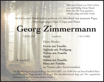 Traueranzeige von Georg Zimmermann von Hersbrucker Zeitung