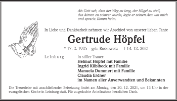 Traueranzeige von Gertrude Höpfel von Pegnitz-Zeitung