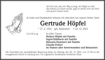 Traueranzeige von Gertrude Höpfel von Der Bote