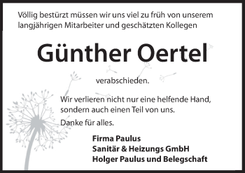 Traueranzeige von Günther Oertel von Hersbrucker Zeitung