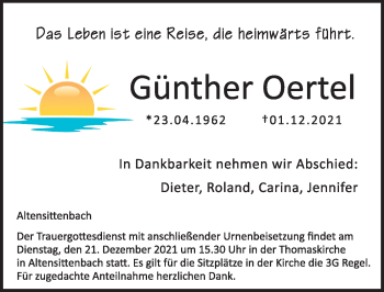 Traueranzeige von Günther Oertel von Hersbrucker Zeitung