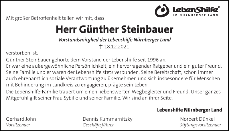  Traueranzeige für Günther Steinbauer vom 24.12.2021 aus Der Bote