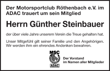 Traueranzeige von Günther Steinbauer von Pegnitz-Zeitung