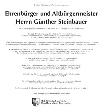 Traueranzeige von Günther Steinbauer von Pegnitz-Zeitung