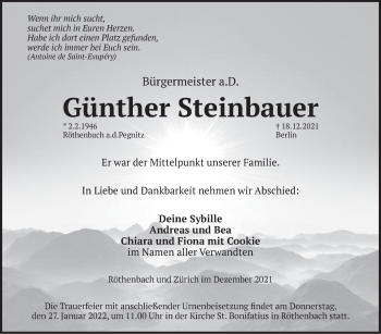 Traueranzeige von Günther Steinbauer von Pegnitz-Zeitung