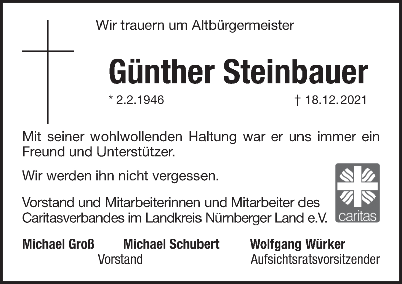  Traueranzeige für Günther Steinbauer vom 29.12.2021 aus Pegnitz-Zeitung