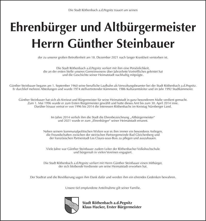  Traueranzeige für Günther Steinbauer vom 24.12.2021 aus Pegnitz-Zeitung