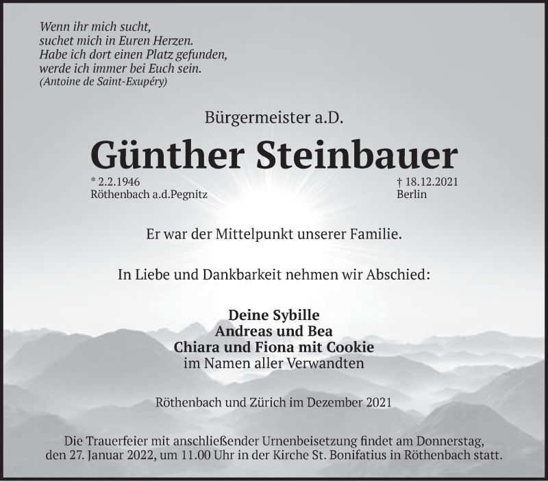  Traueranzeige für Günther Steinbauer vom 24.12.2021 aus Pegnitz-Zeitung