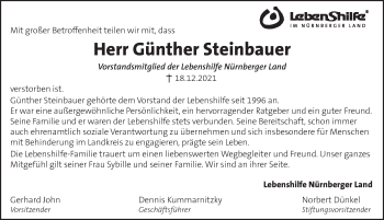 Traueranzeige von Günther Steinbauer von Pegnitz-Zeitung