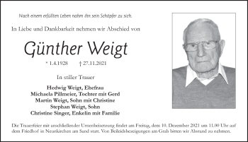 Traueranzeige von Günther Weigt von Pegnitz-Zeitung