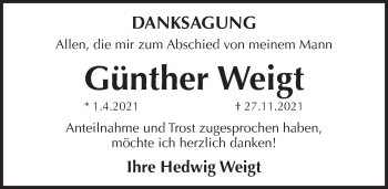 Traueranzeige von Günther Weigt von Pegnitz-Zeitung