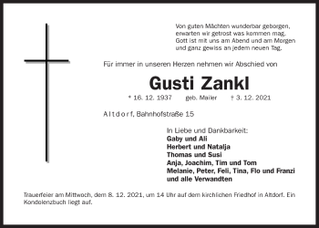 Traueranzeige von Gusti Zankl von Der Bote